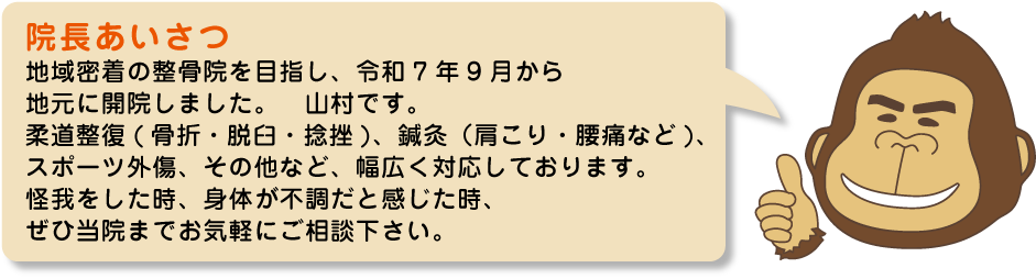 院長あいさつ
地域密着の整骨院を目指し、令和7年9月から地元に開院しました。山村です。
柔道整復(骨折・脱臼・捻挫)、鍼灸(肩こり、腰痛など)、スポーツ外傷その他など、幅広く対応しております。
怪我をした時、身体が不調だと感じた時、ぜひ当院までお気軽にご相談ください。